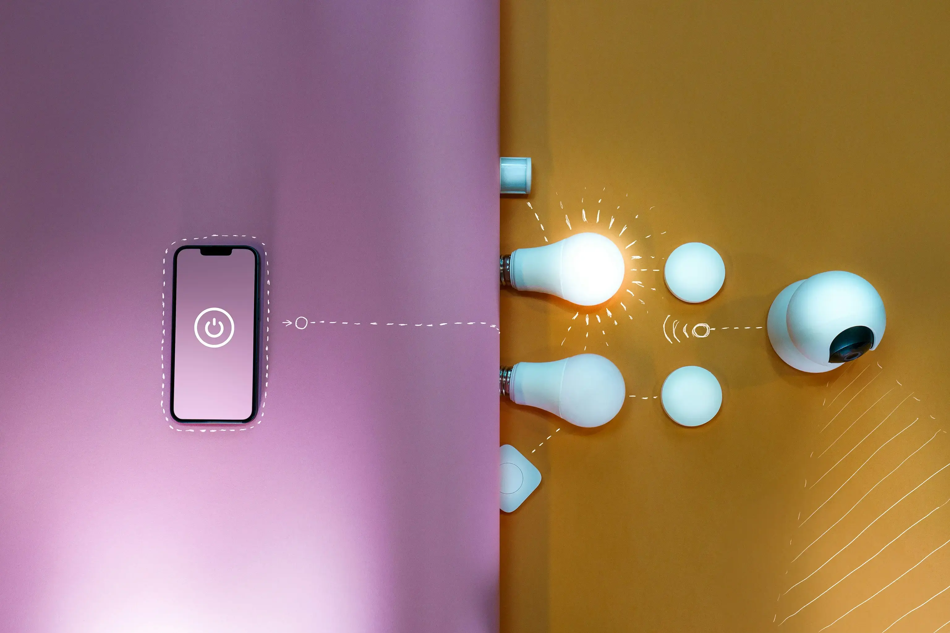 Smartphone pilotant l'éclairage et une caméra connectée